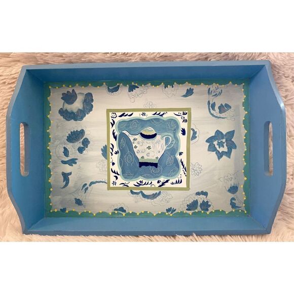 Vintage Hand Painted Wooden 10”X15” Blue Teacup Serving Tray - Picture 11 of 11